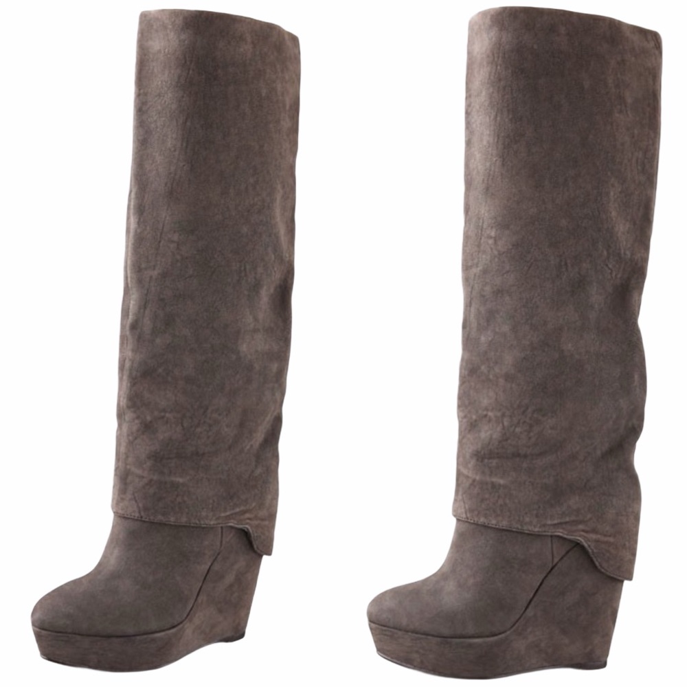 Elizabeth + James ❉ Knee High Platform Tall Boots ❉ Brown Nubuck Leather Suede ❉ - Picture 10 of 15
